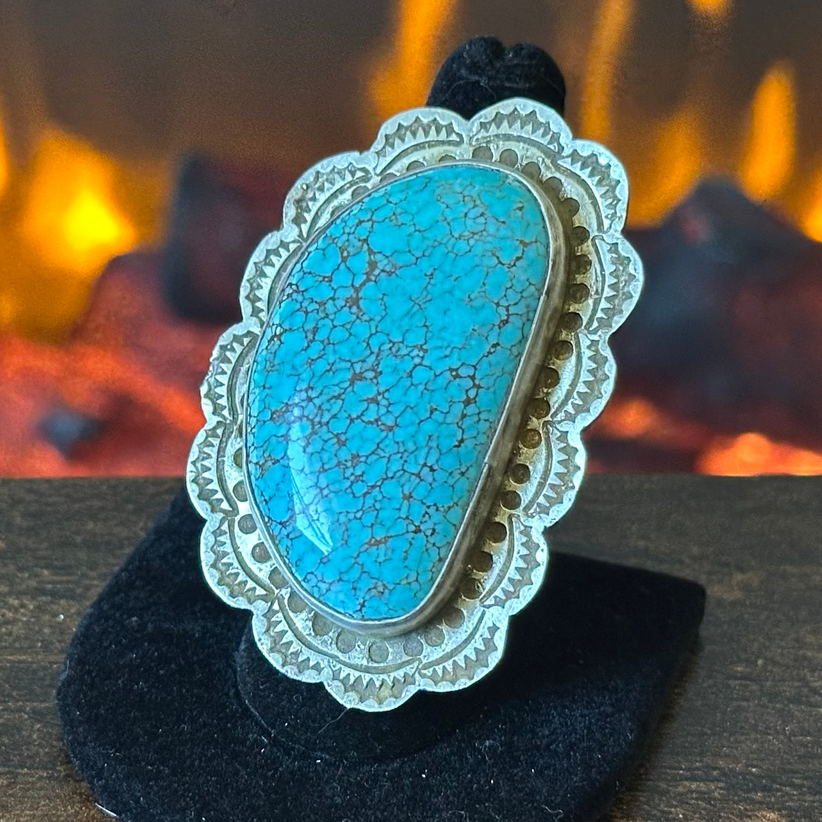 San Felipe Jacob Troncosa Webbed Turquoise Sterling Hand Stamped Statement Ring