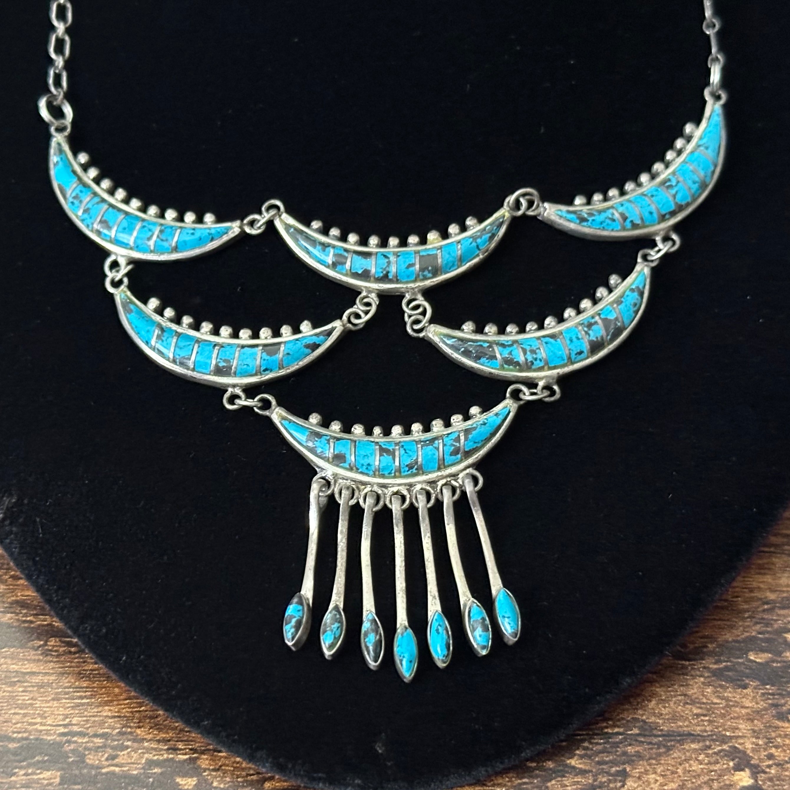 Vintage Turquoise Sterling Crescent Inlay Statement Necklace Earrings Set