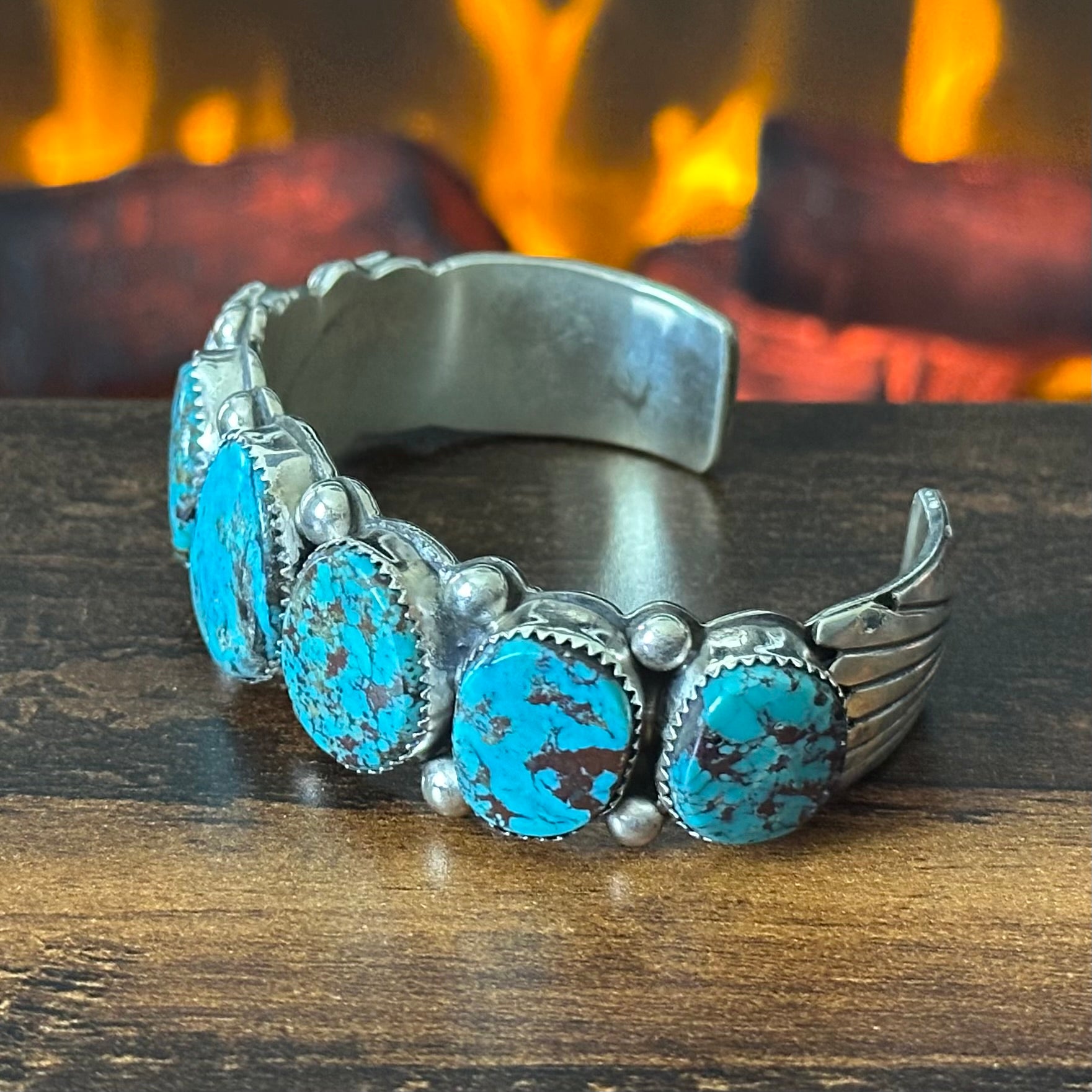 Navajo Wilbert Musket Sr. Turquoise 7 Stone Sterling Raindrop Statement Cuff