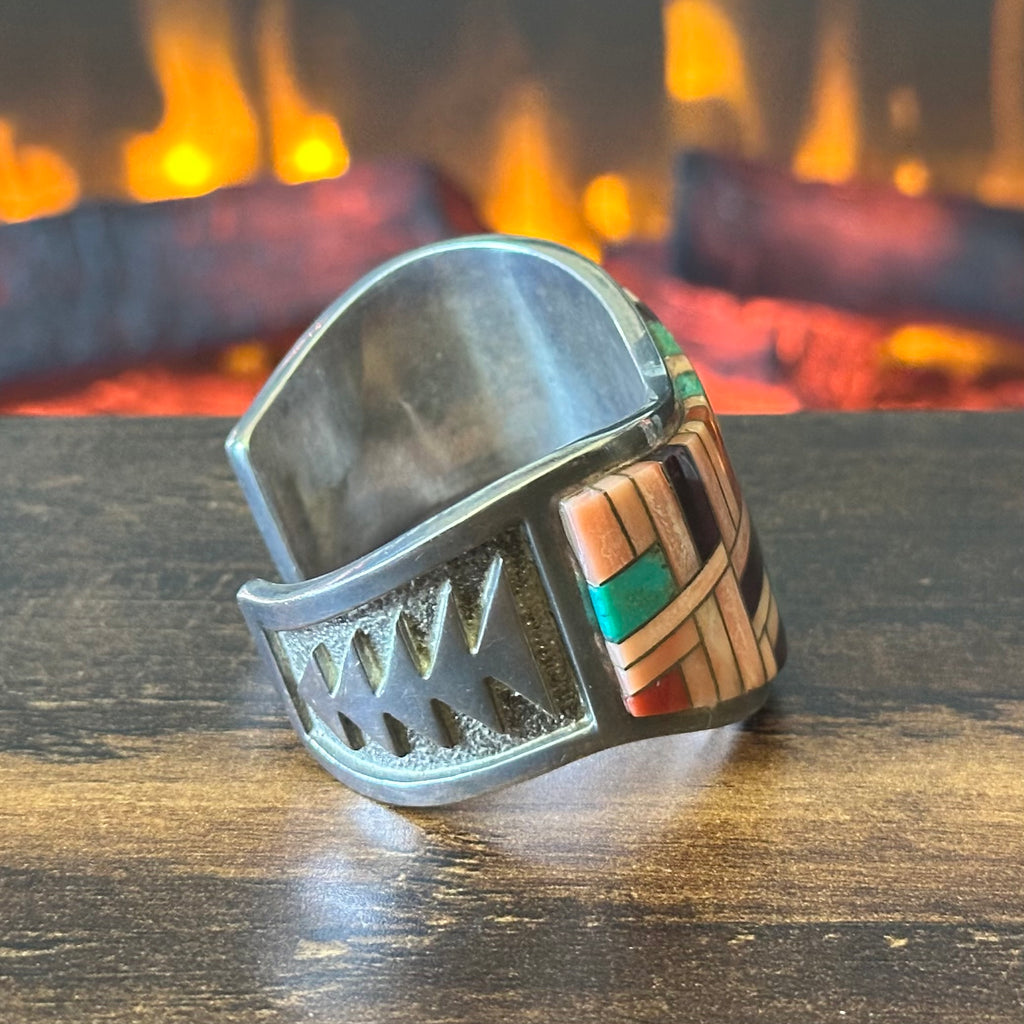 Navajo Jim Harrison Pink Conch Sugilite Red Coral Turquoise Sterling Inlay Statement Cuff