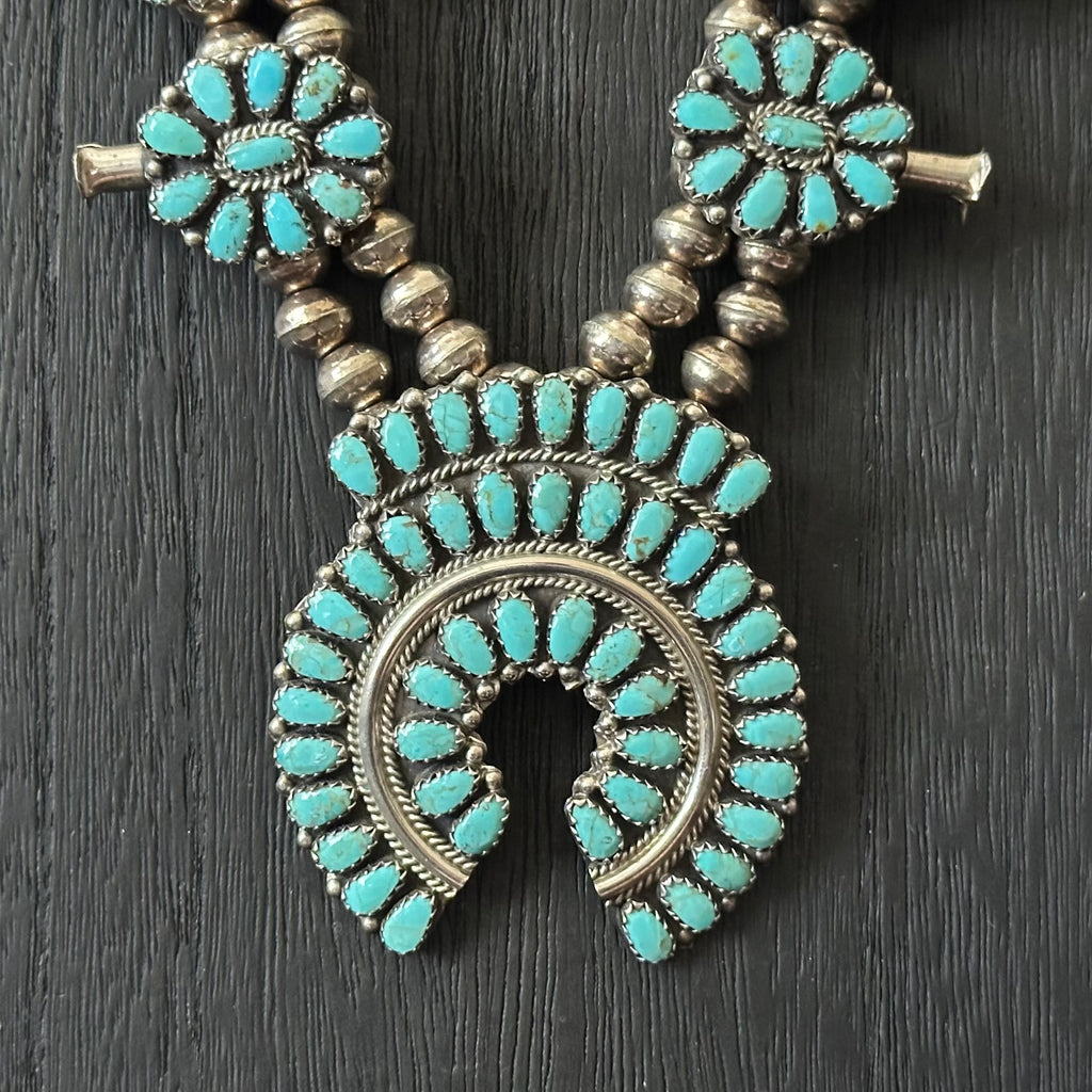 Navajo Larry Moses Begay Vintage Turquoise 166 Stone Sterling Cluster Squash Blossom Necklace Earrings Set