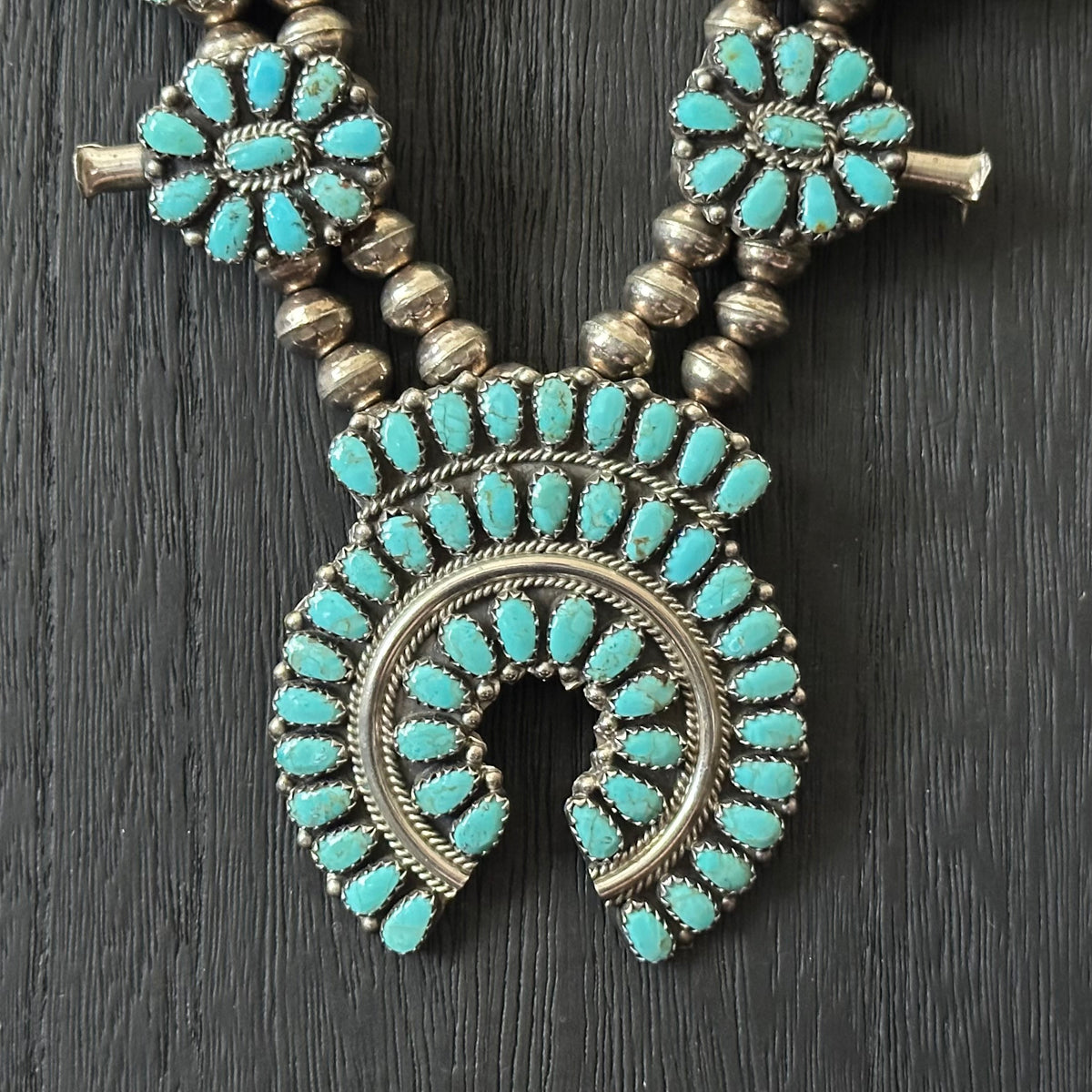 Navajo Larry Moses Begay Vintage Turquoise 166 Stone Sterling Cluster Squash Blossom Necklace Earrings Set