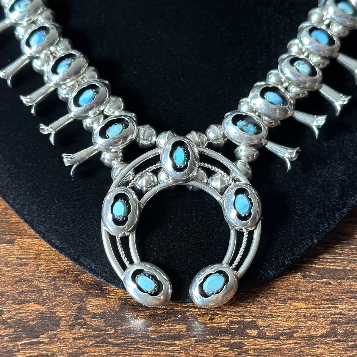 Navajo Phil & Lenora Garcia Golden Hills Turquoise 19 Stone Sterling Shadowbox Squash Blossom Necklace Earrings Set