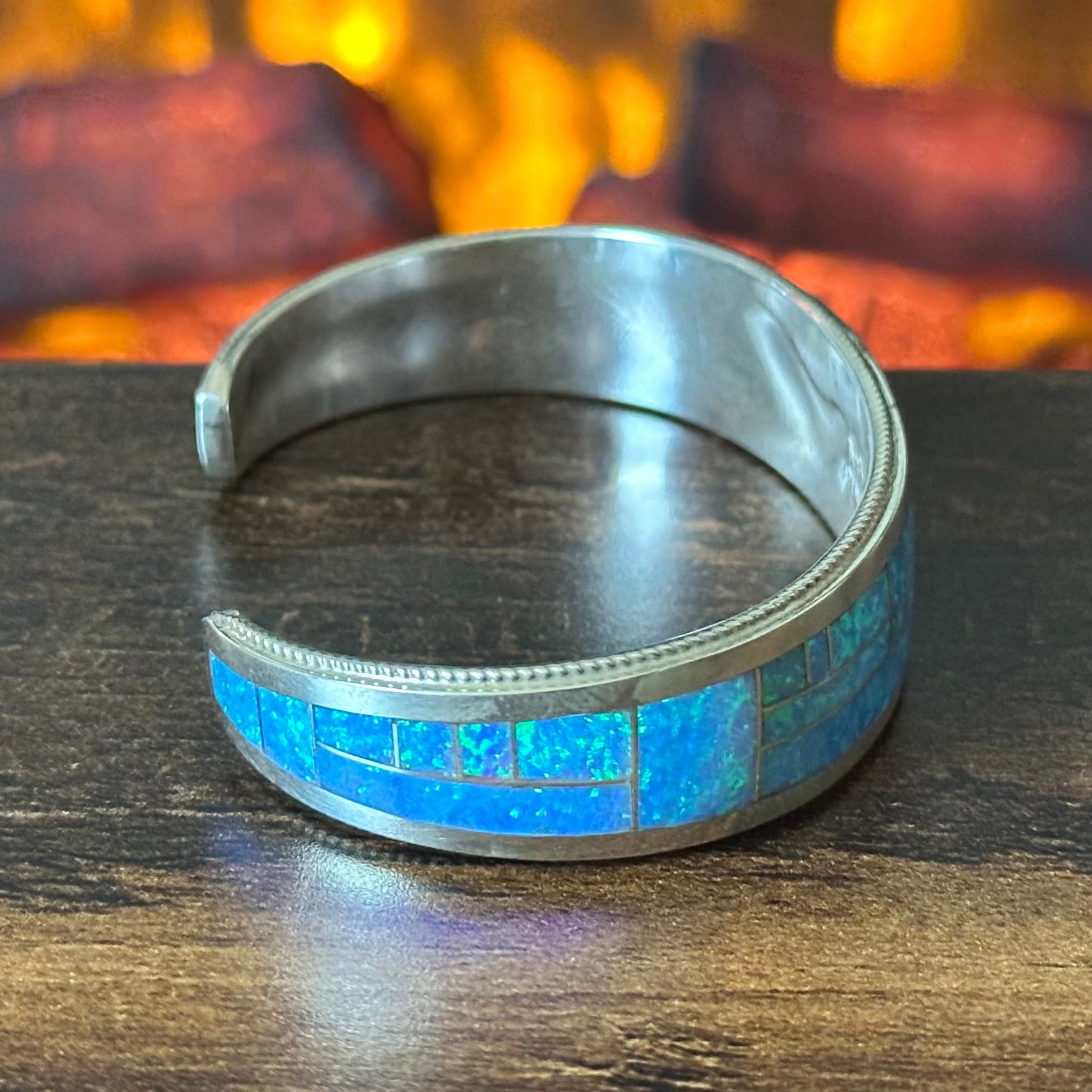 Zuni Rickell & Glendora Booqua Blue Opal Sterling Geometric Inlay Cuff