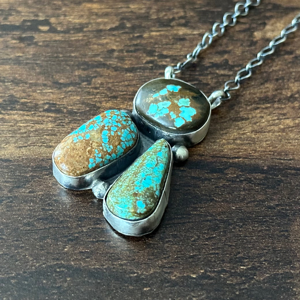 Navajo LeTricia Largo Mine #8 Turquoise 3 Stone Sterling Raindrop Pendant Necklace