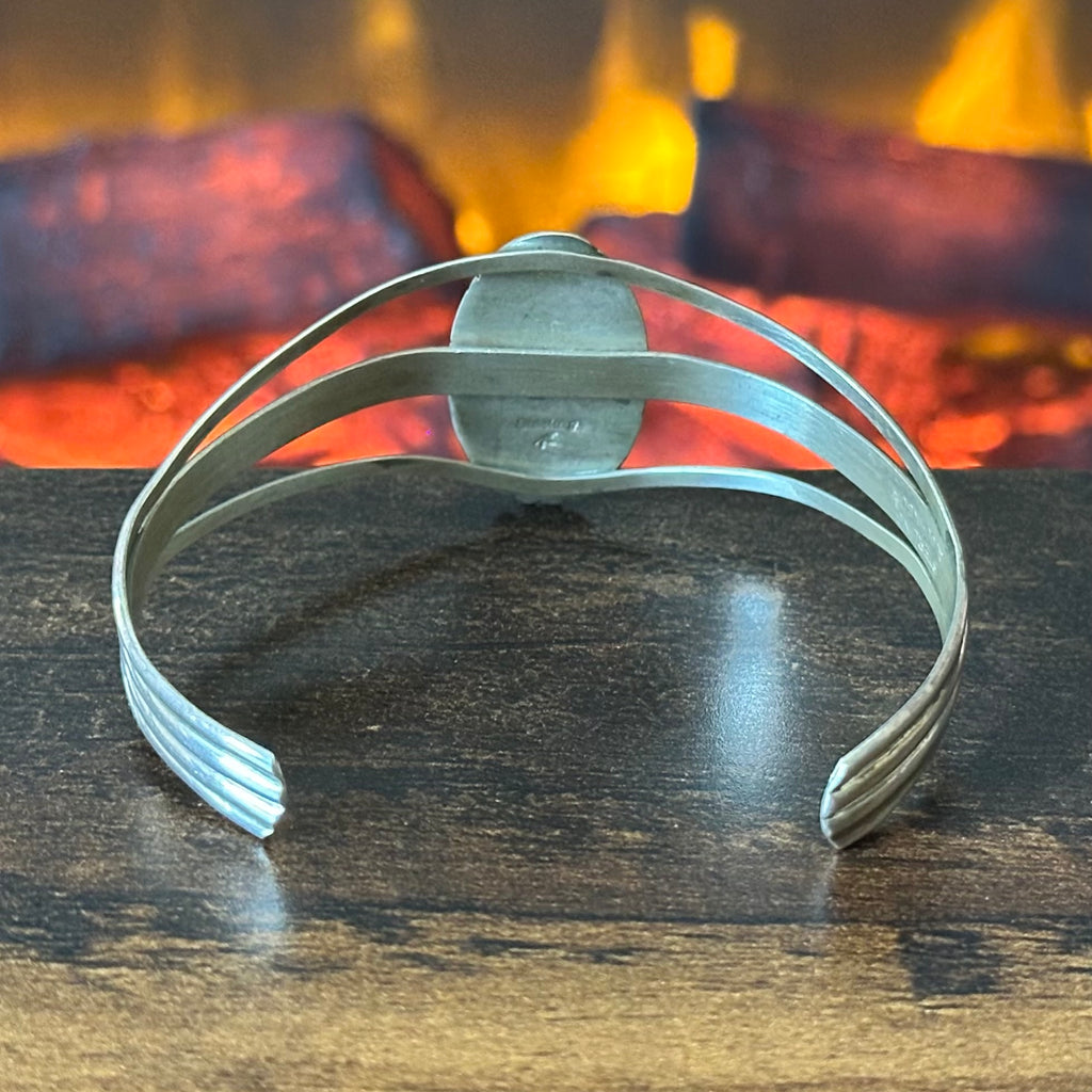 Navajo Aaron Johnson Webbed Turquoise Sterling Hand Stamped Oval Inlay Cuff