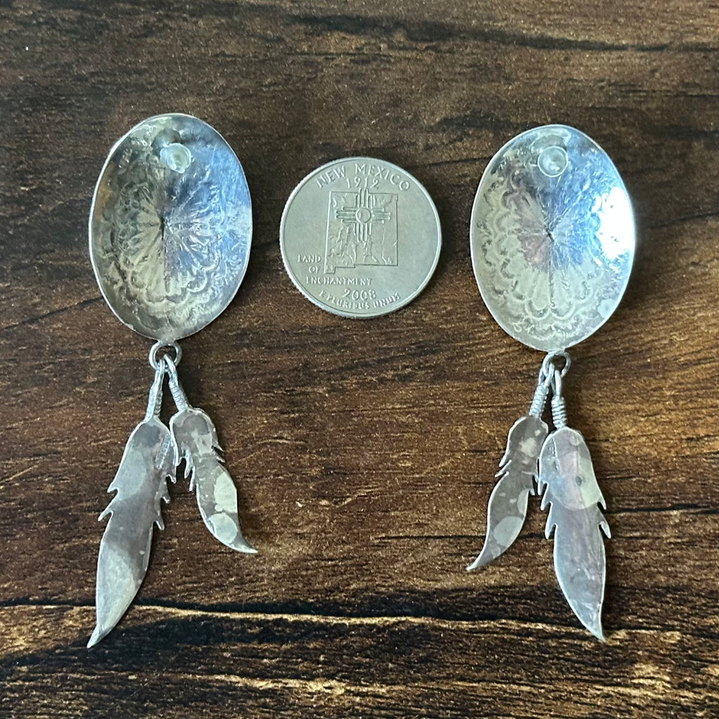 Turquoise Sterling Hand Stamped Concho Feather Stud Dangle Earrings