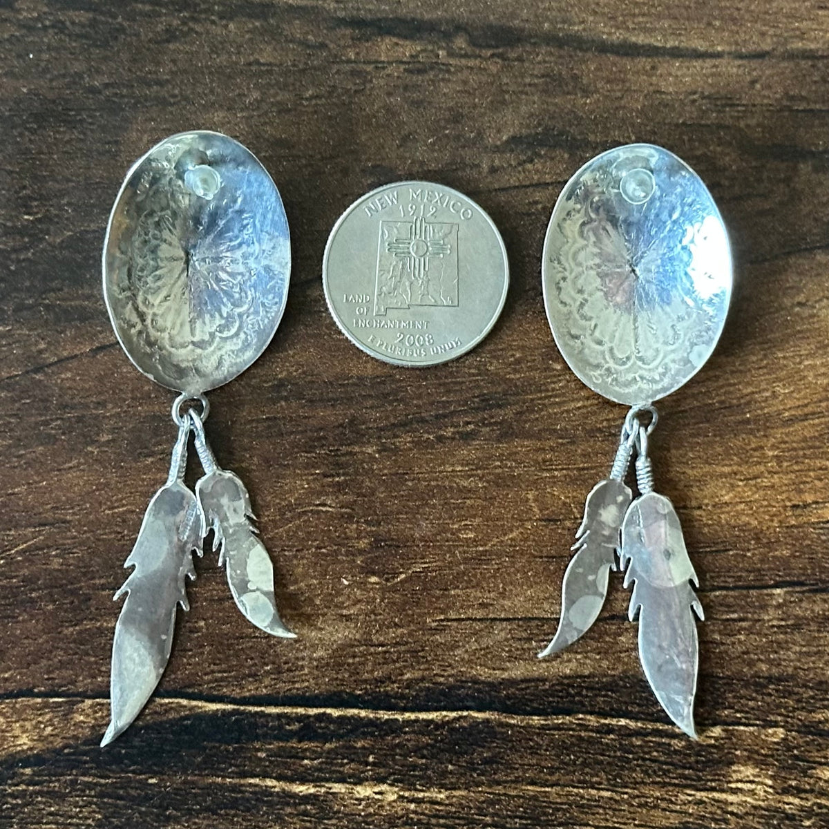 Turquoise Sterling Hand Stamped Concho Feather Stud Dangle Earrings