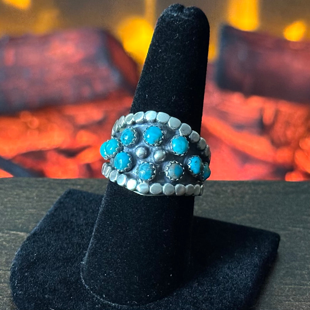 Navajo Harry B Yazzie Turquoise 10 Stone Sterling Cluster Raindrop Ring