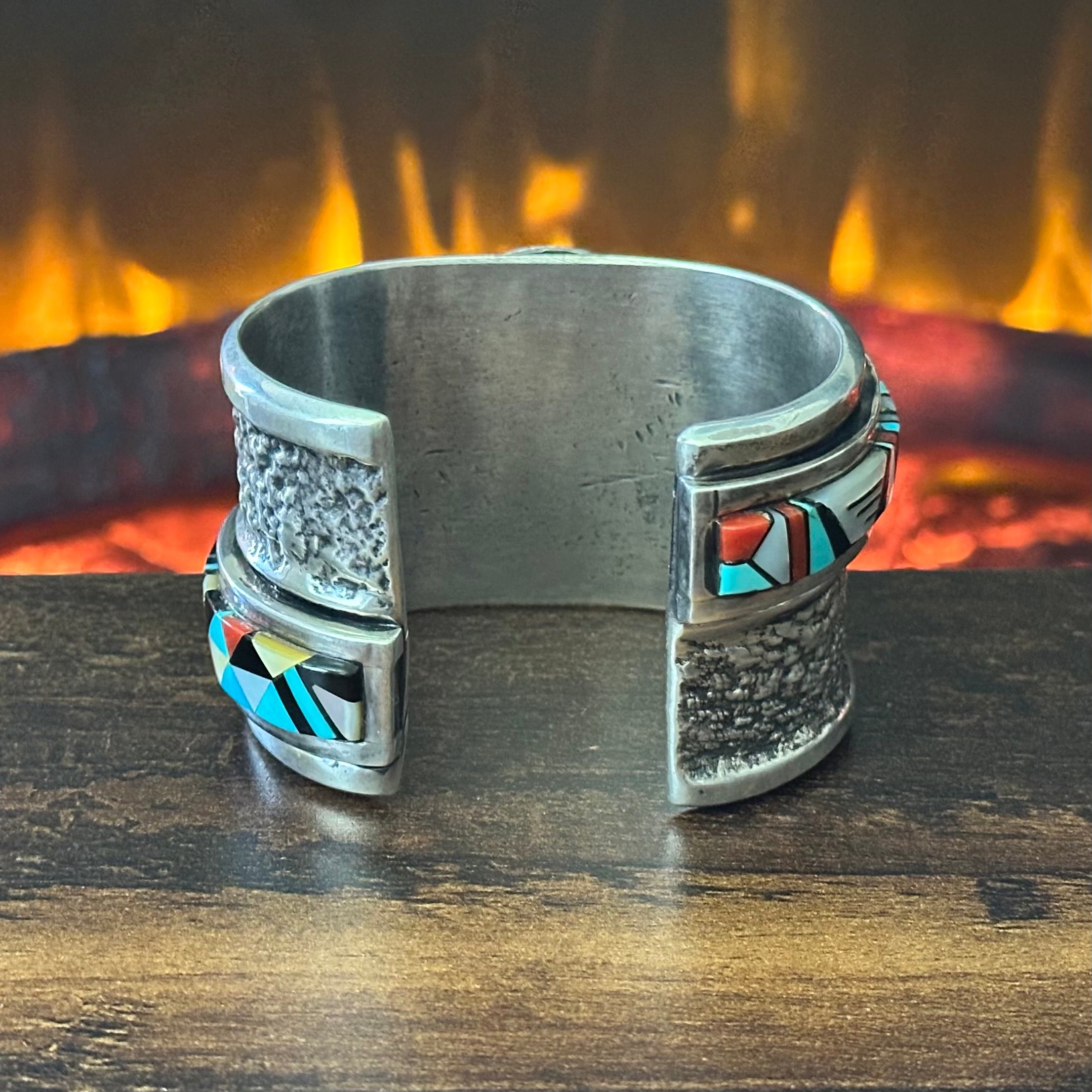 Turquoise Red Coral Mother of Pearl Jet Sterling Hand Stamped Inlay Statement Cuff