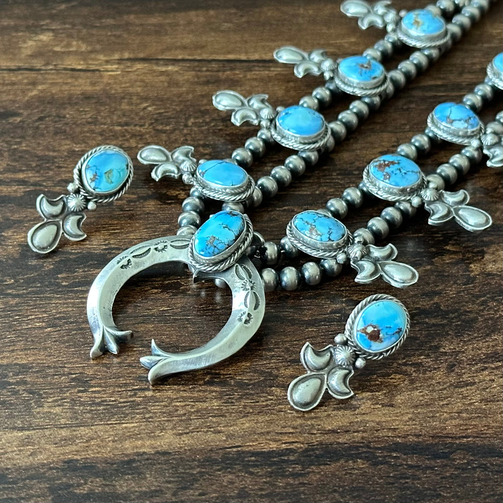 Navajo Adrienne Gordon Golden Hills Turquoise 9 Stone Sterling Hand Stamped Squash Blossom Necklace Earrings Set