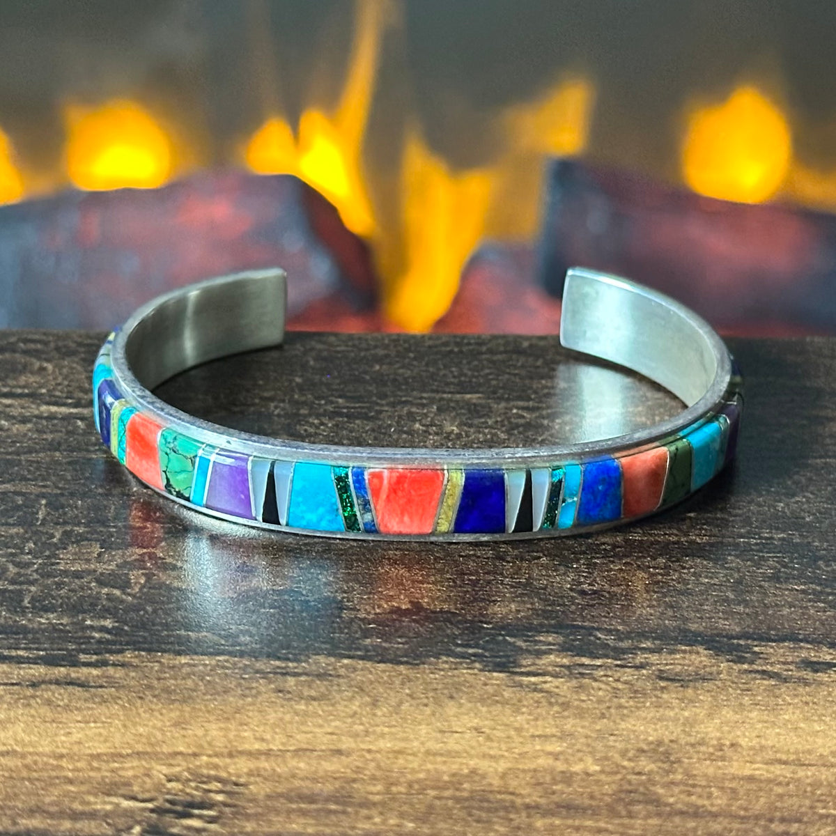 AL Signed Turquoise Lapis Spiny Oyster Sugilite Jasper Opal Sterling Wraparound Inlay Cuff