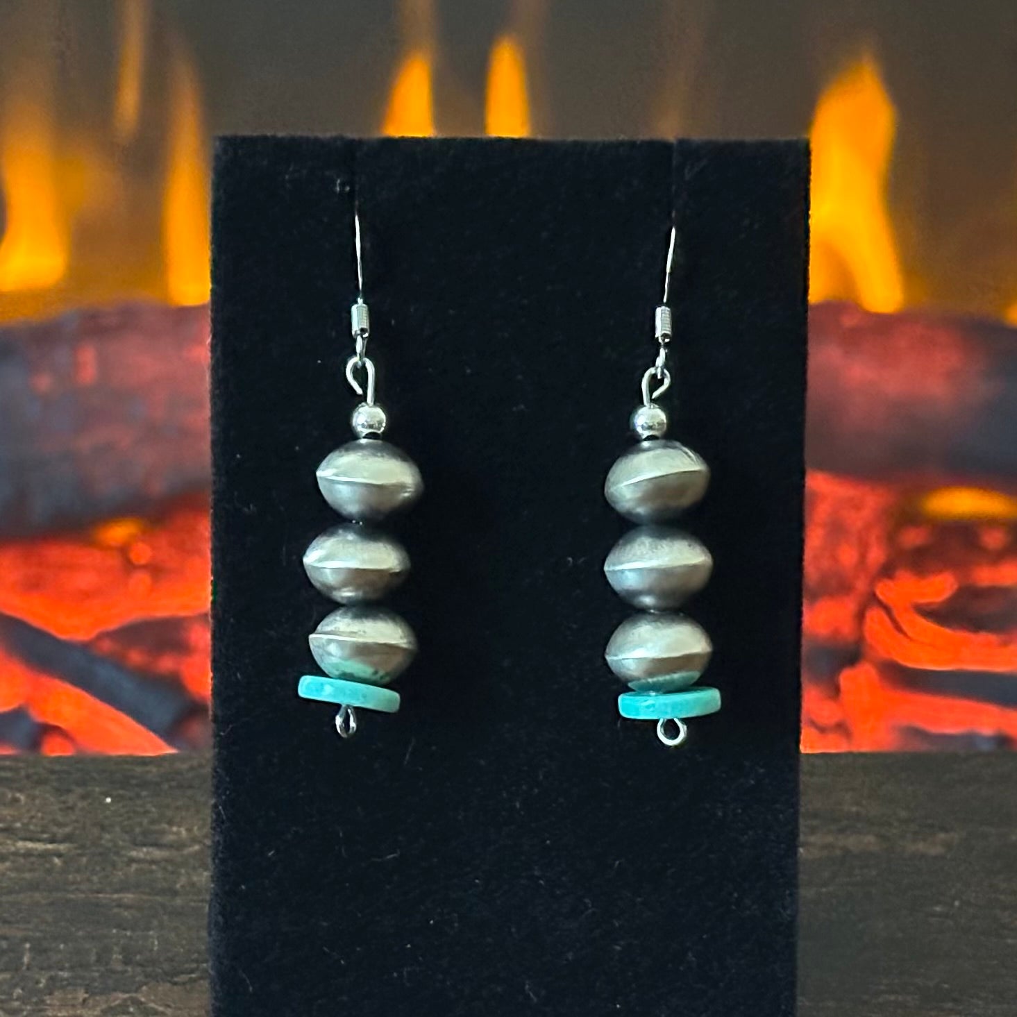 Navajo Tysha Aparicio Turquoise Sterling Handmade Rectangular Bead Stamped Necklace Earrings Set