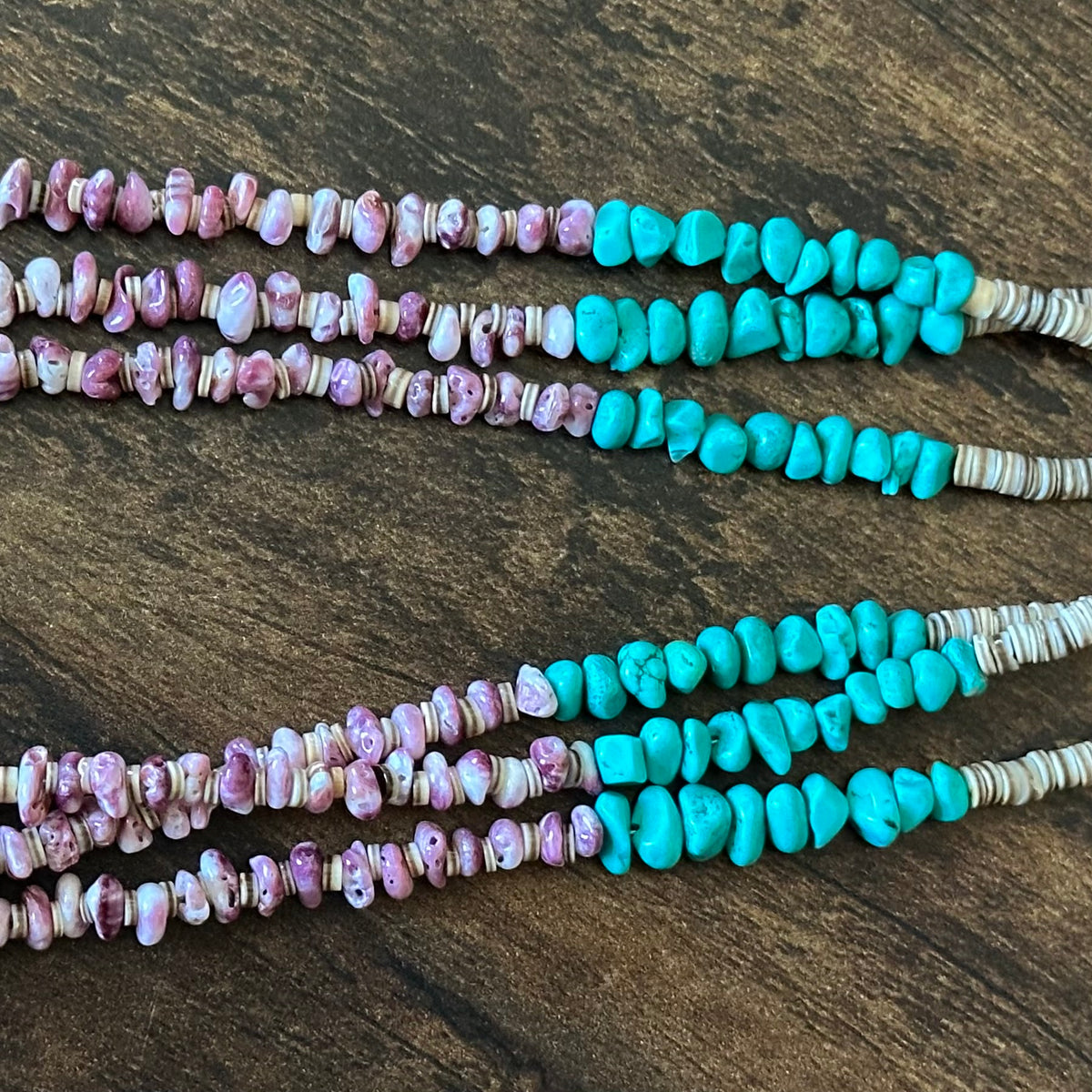 Kewa Emilio & Marguerite Chavez Turquoise Purple Spiny Oyster Sterling Heishi Triple Strand Pendant Necklace