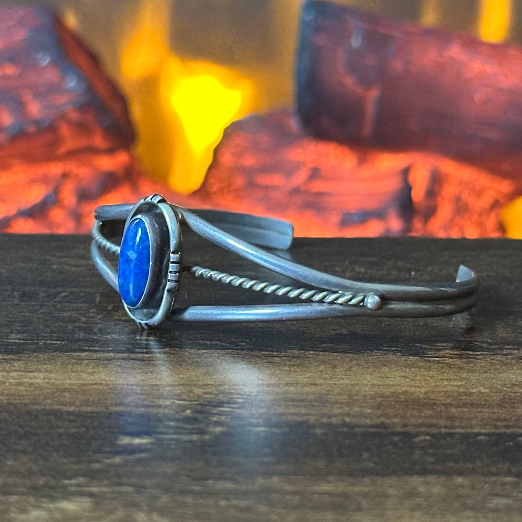 Navajo Leonard & Marian Nez Signed Lapis Sterling Shadowbox Twist Wire Cuff