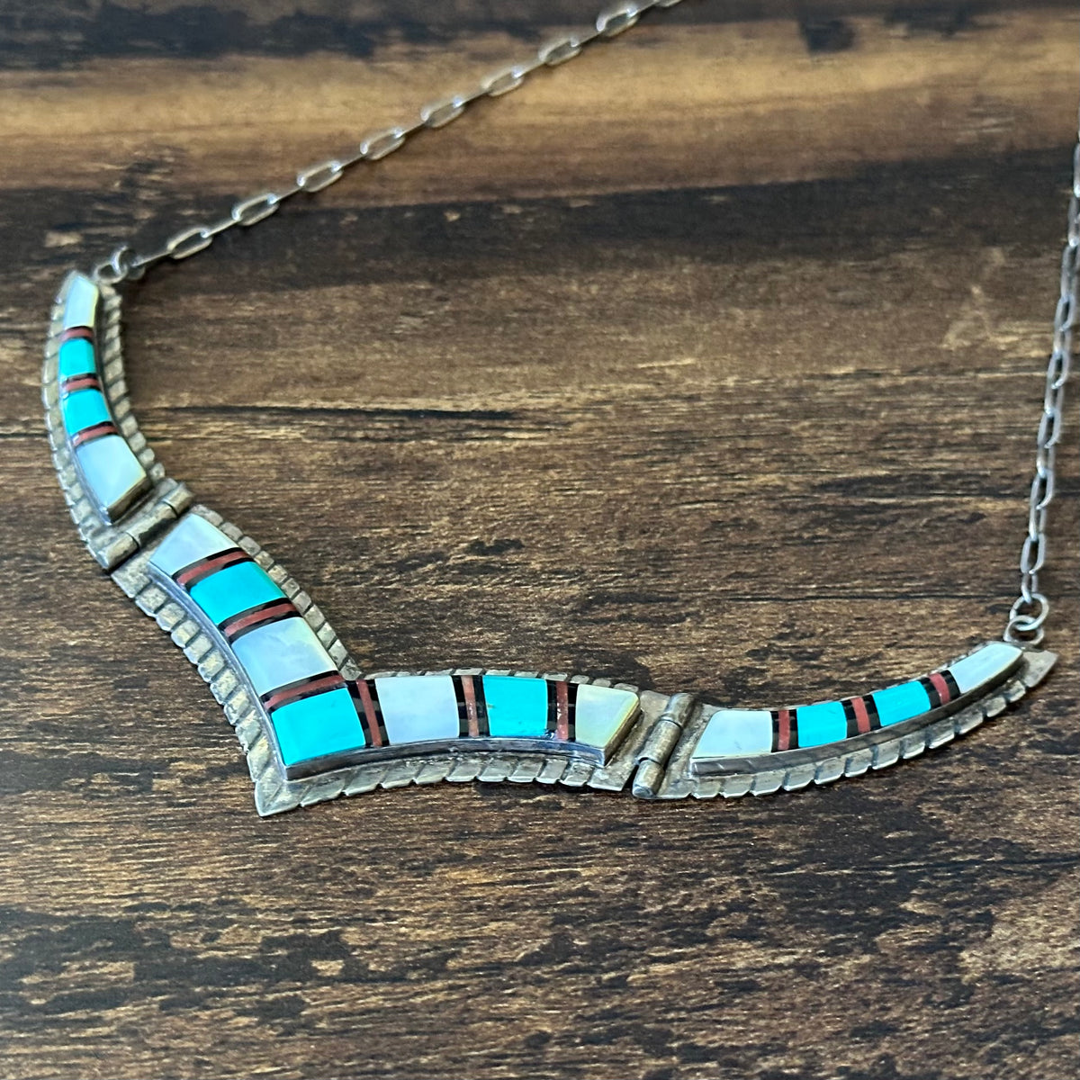 Vintage R Signed Turquoise Mother of Pearl Red Coral Sterling Hinged Inlay Necklace