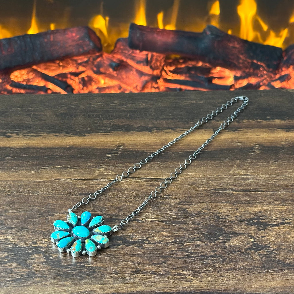 Navajo Debra Smith Kingman Turquoise 11 Stone Sterling Cluster Pendant Necklace