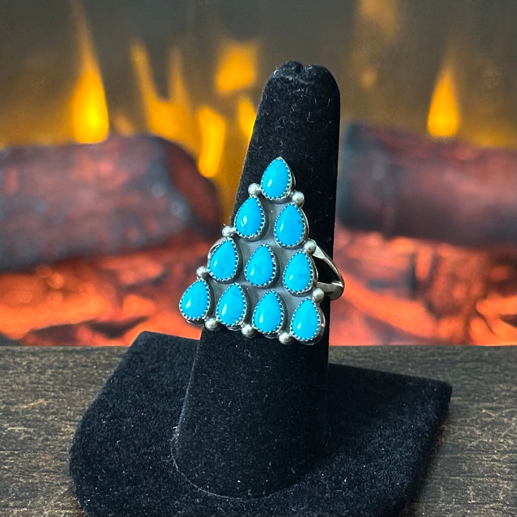 Navajo Loretta Delgarito Kingman Turquoise 10 Stone Sterling Petite Point Triangular Ring