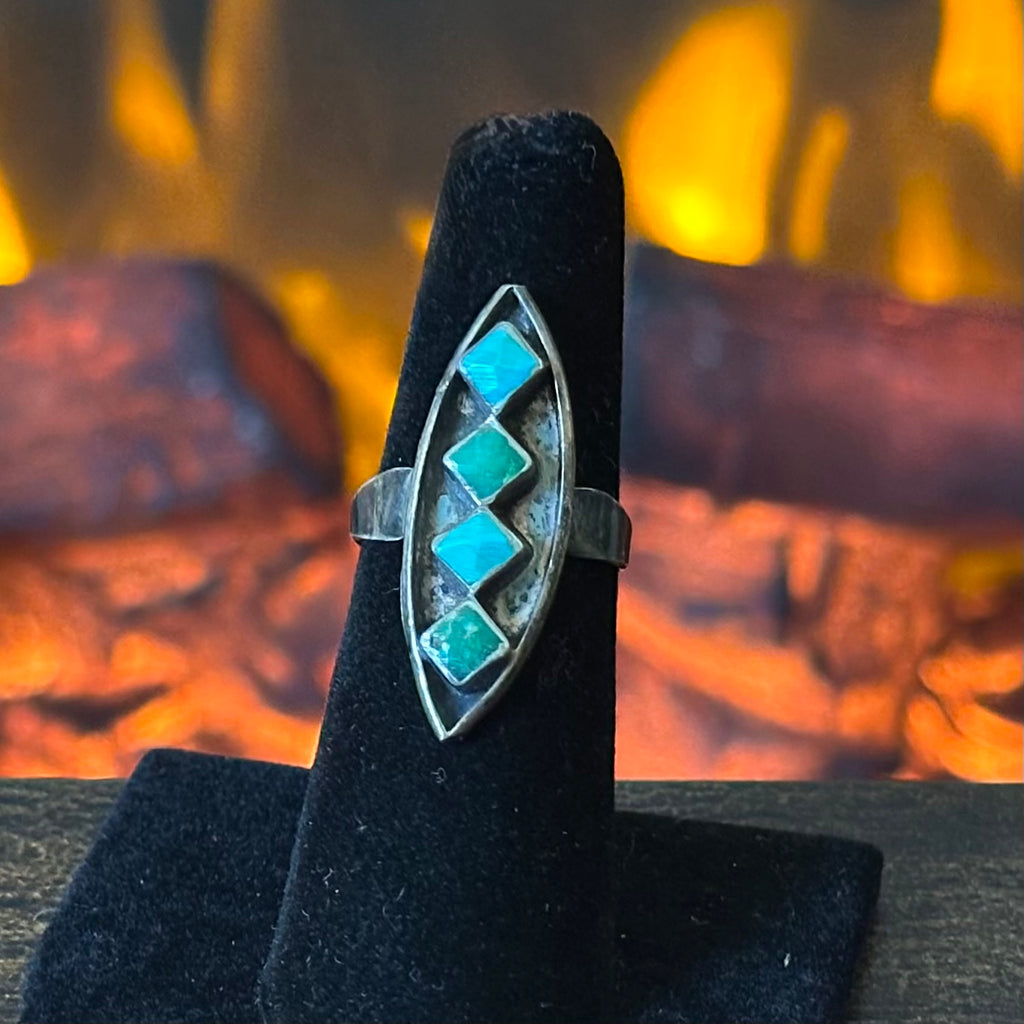 Vintage Green Turquoise 4 Stone Sterling Shadowbox Cluster Ring