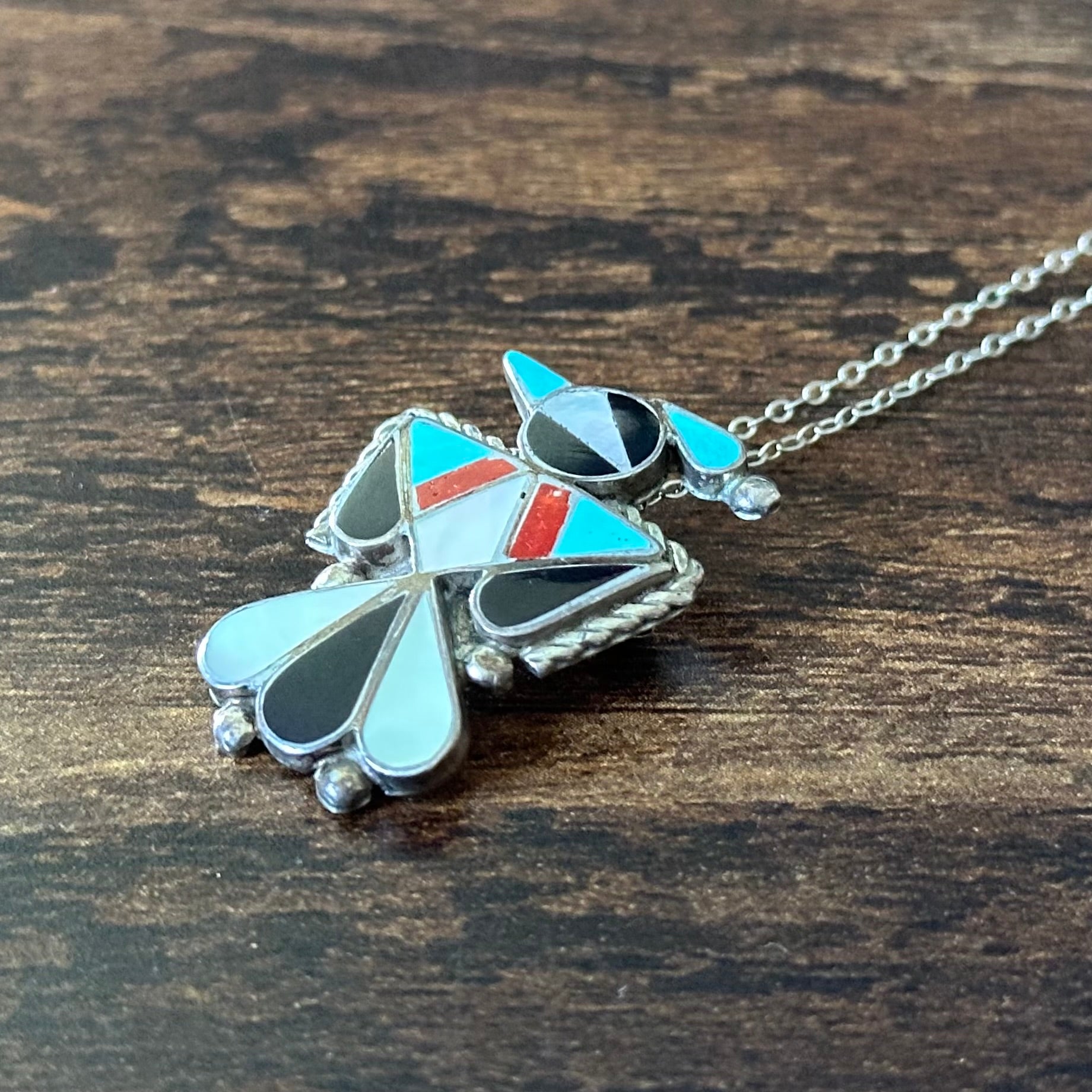 Turquoise Red Coral Mother of Pearl Jet Sterling Peyote Bird Inlay Pendant/Pin Necklace