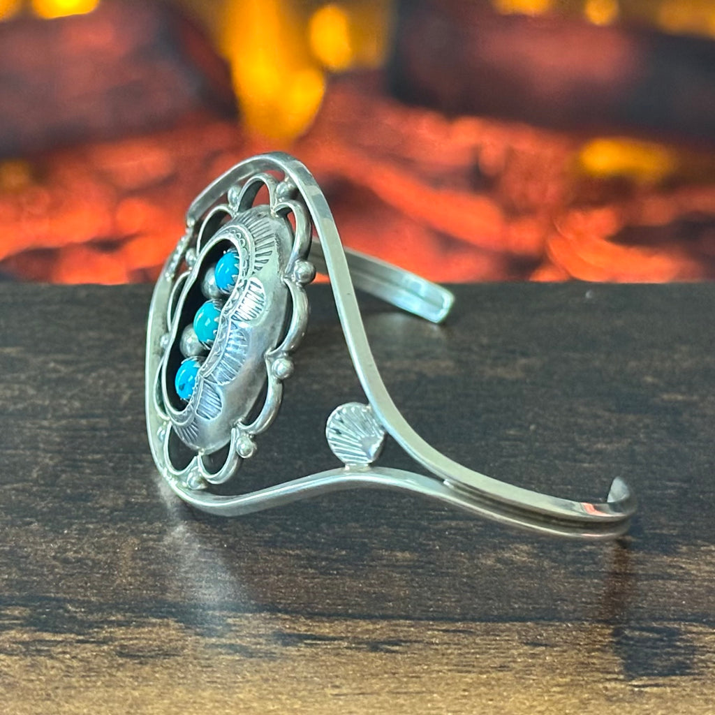 PL Signed Turquoise 3 Stone Sterling Shadowbox Hand Stamped Floral Cuff