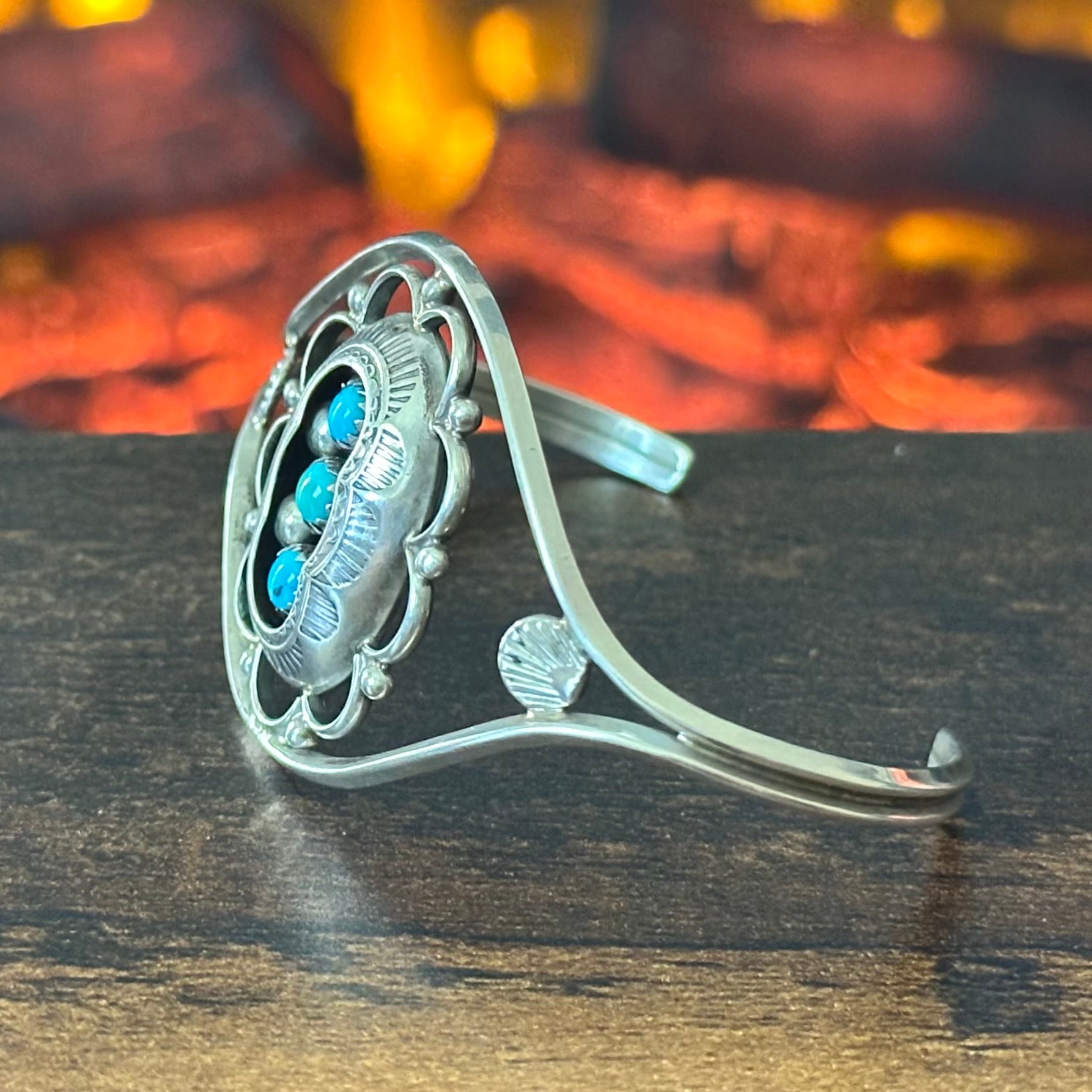 PL Signed Turquoise 3 Stone Sterling Shadowbox Hand Stamped Floral Cuff