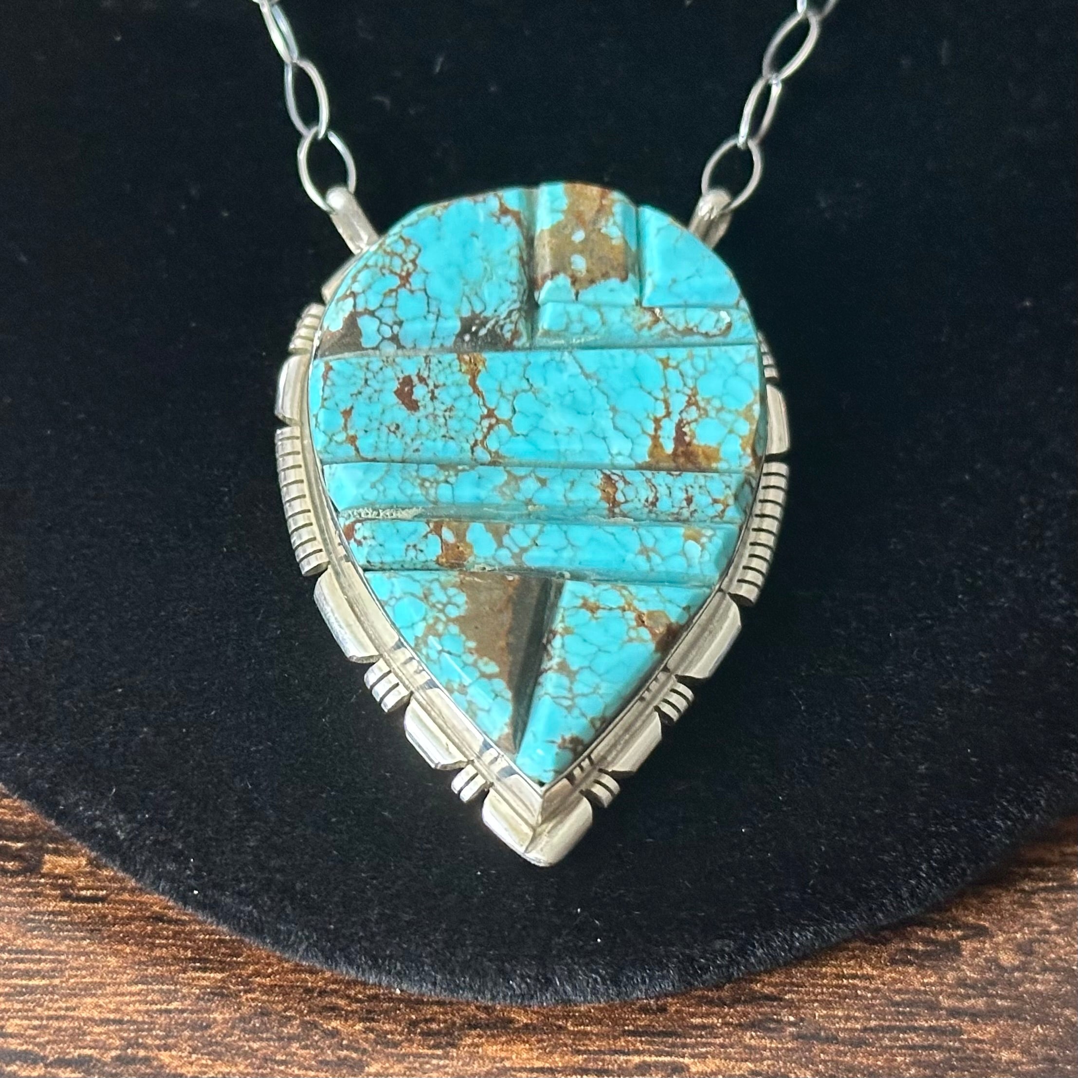 Navajo Steve Francisco Mine #8 Turquoise Sterling Cobblestone Inlay Pendant Necklace