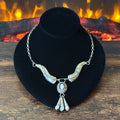 Navajo Harry Spencer Pink Mother of Pearl 4 Stone Sterling Hand Stamped Feather Necklace