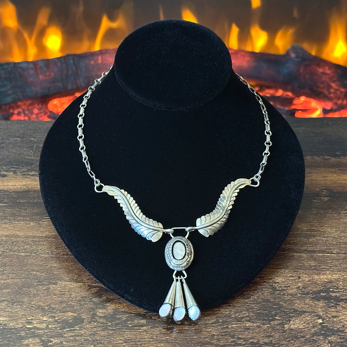 Navajo Harry Spencer Pink Mother of Pearl 4 Stone Sterling Hand Stamped Feather Necklace
