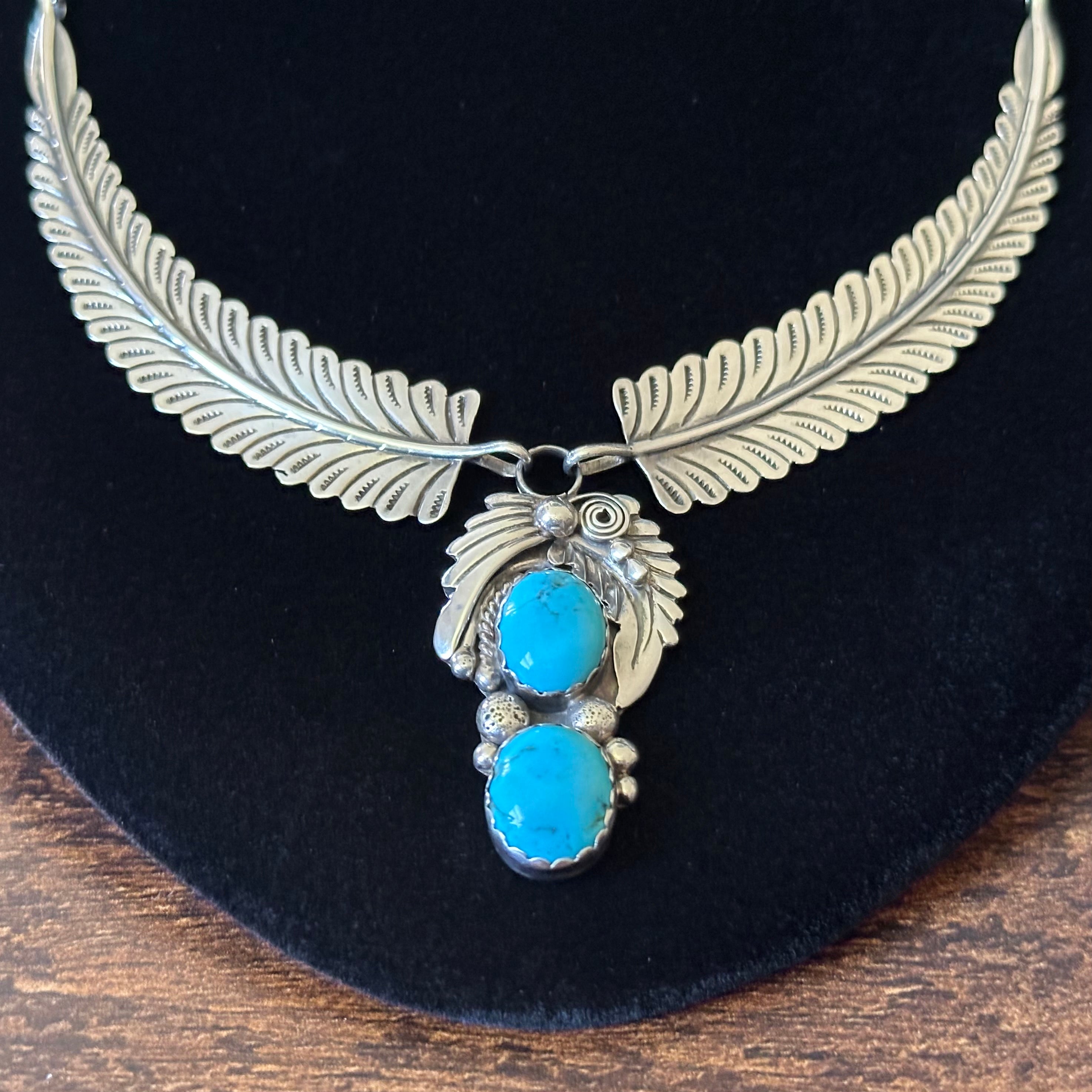 D Signed Turquoise Sterling Hand Stamped Twist Wire Feather Statement Necklace