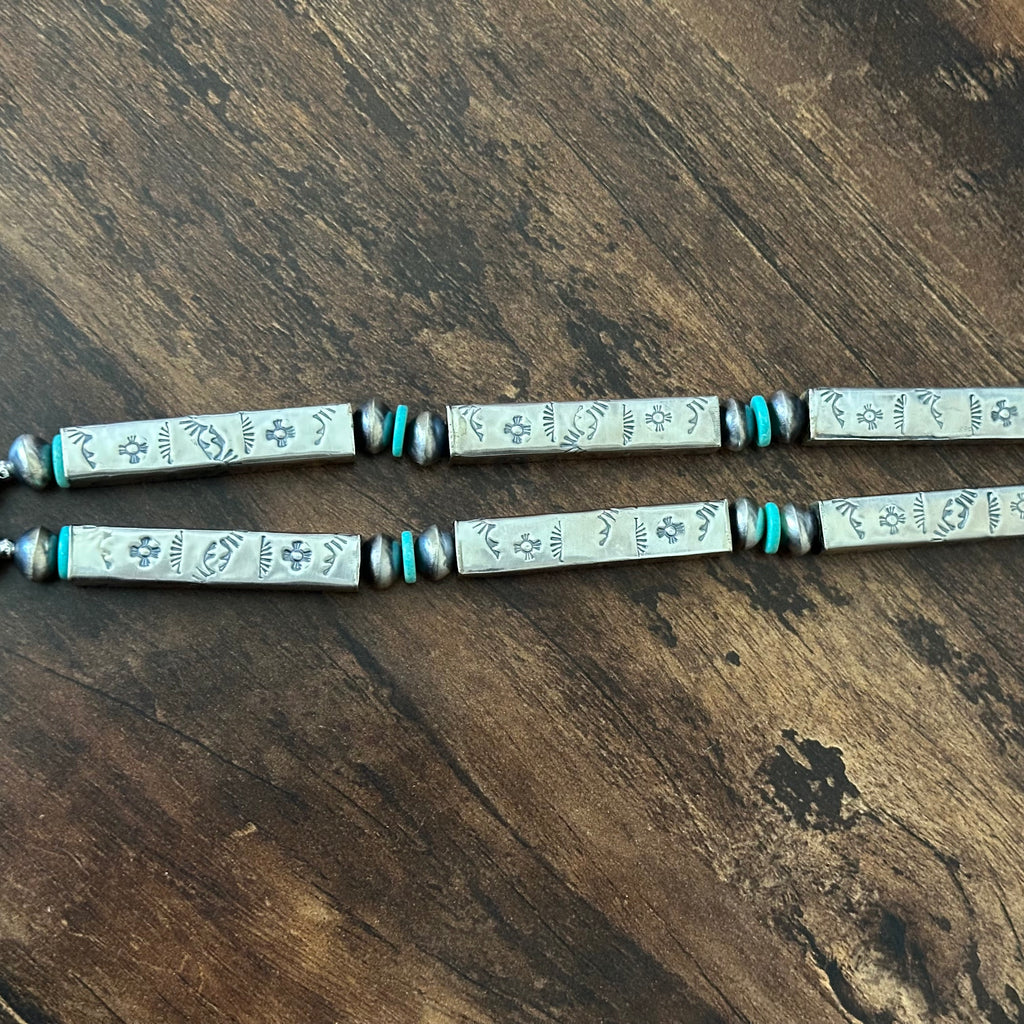 Navajo Tysha Aparicio Turquoise Sterling Handmade Rectangular Bead Stamped Necklace Earrings Set