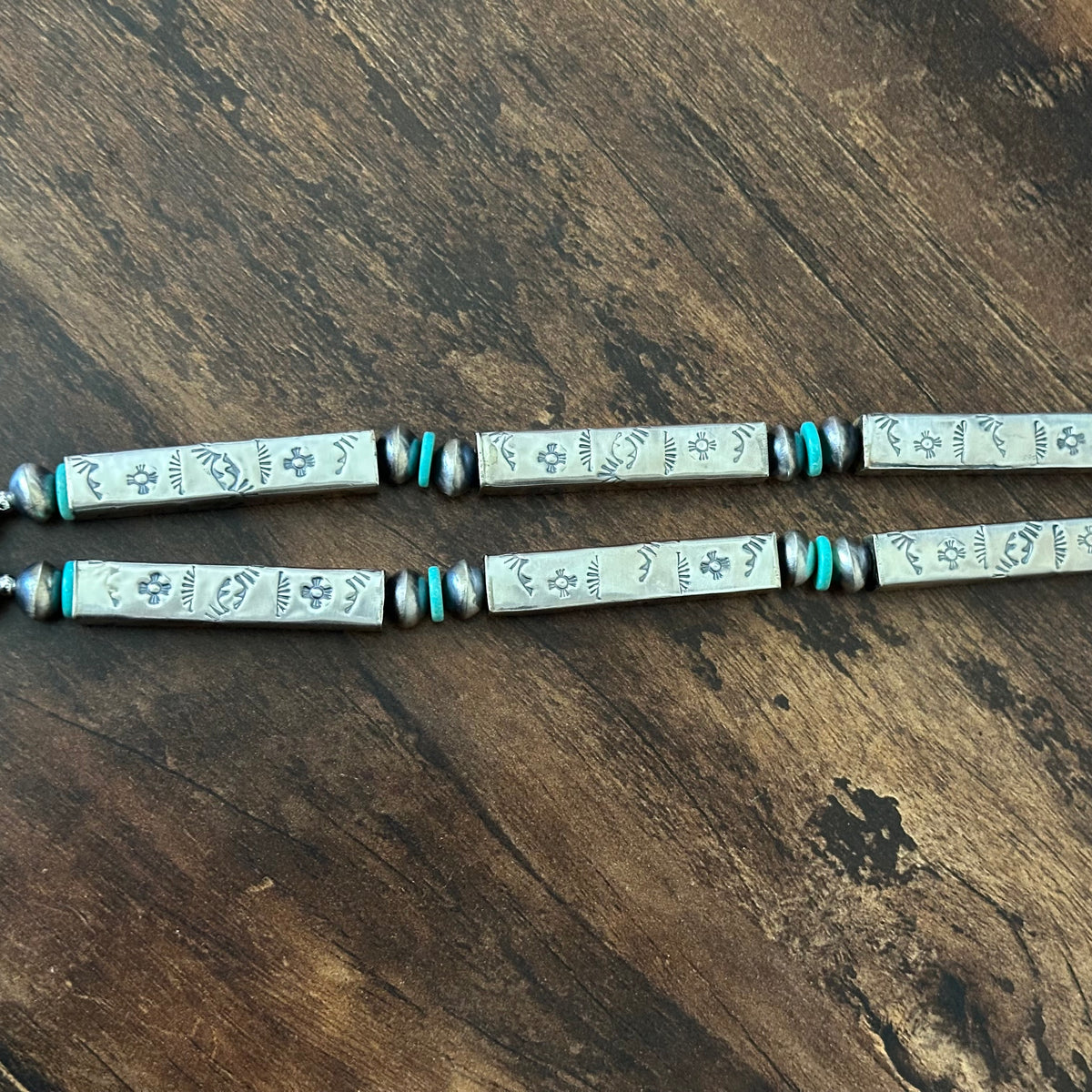 Navajo Tysha Aparicio Turquoise Sterling Handmade Rectangular Bead Stamped Necklace Earrings Set