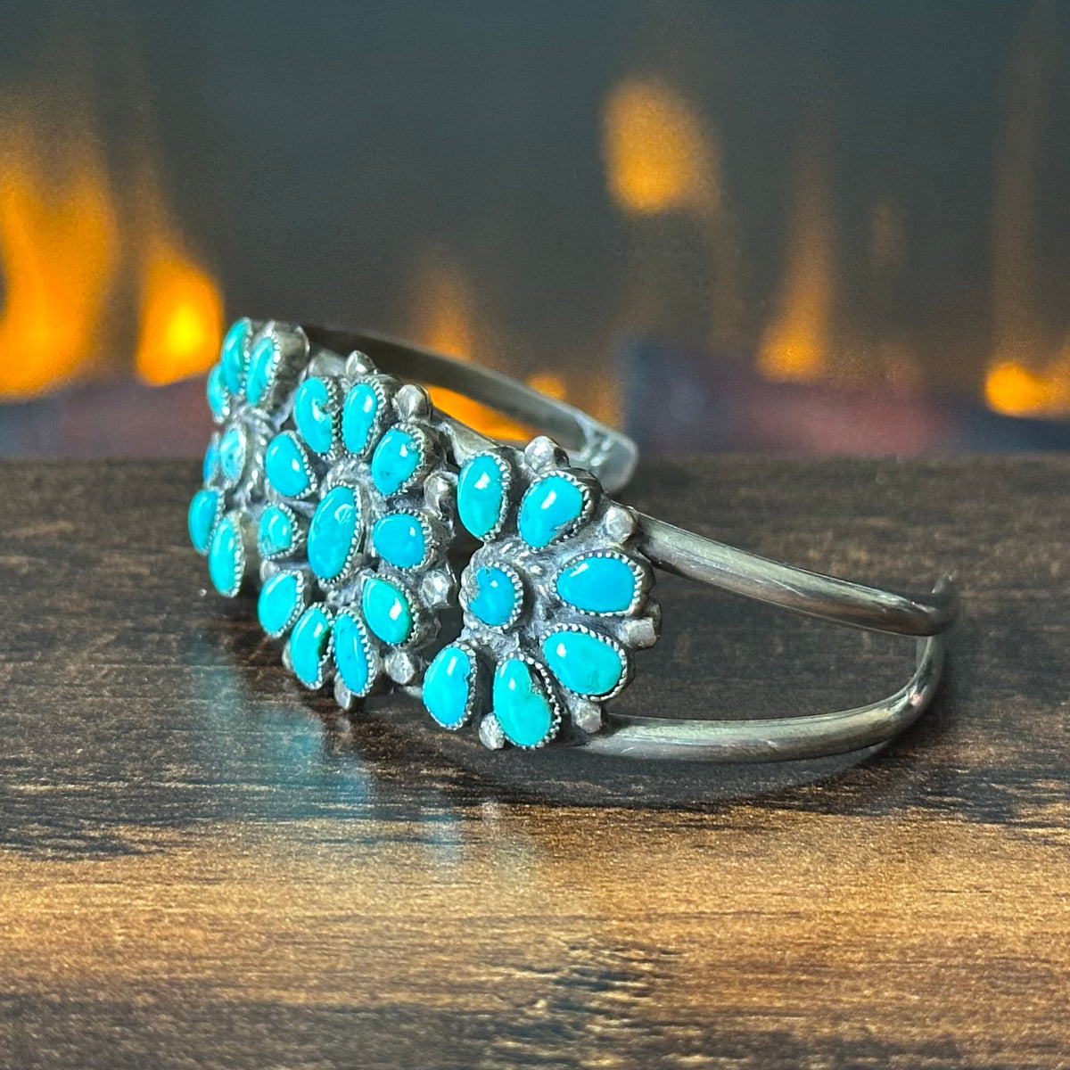 Vintage Turquoise 25 Stone Sterling Petite Point Floral Cluster Cuff