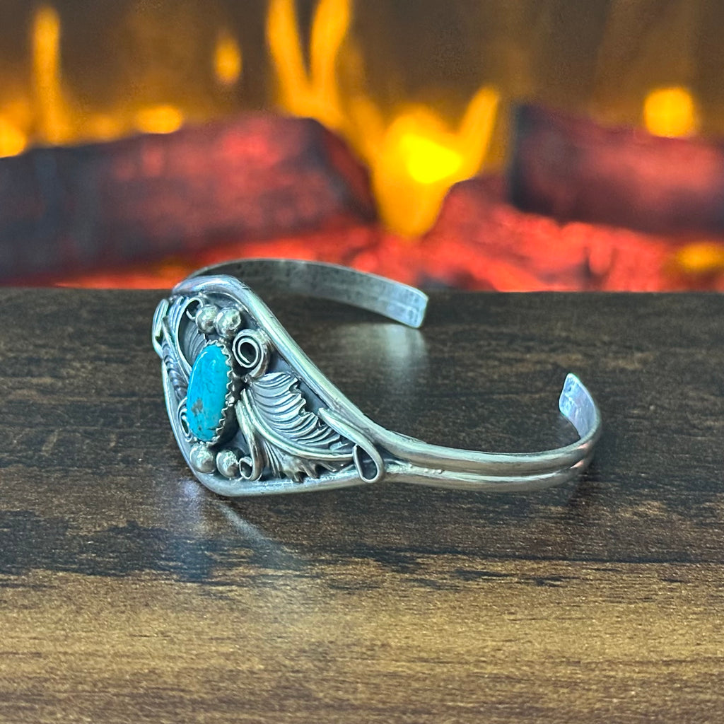 Navajo Harry B Yazzie Turquoise Sterling Feather Ornate Cuff