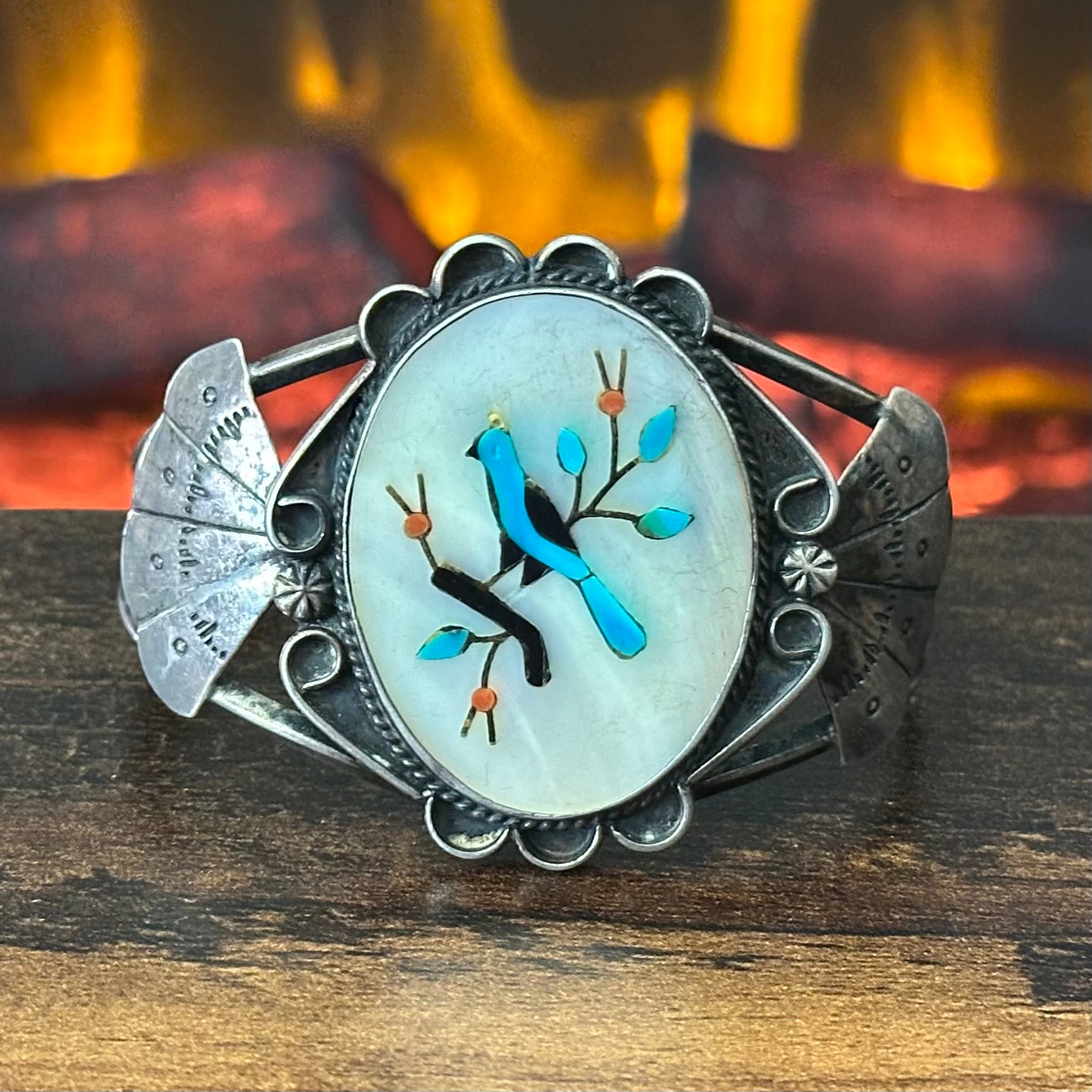 Vintage BB Signed Mother of Pearl Turquoise Sterling Blue Bird Inlay Statement Cuff