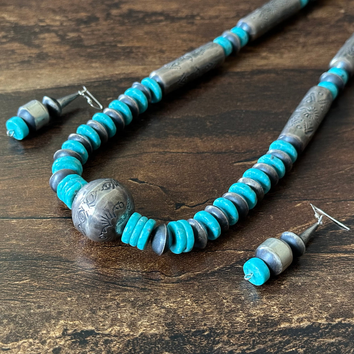 Navajo Sophia Becenti Turquoise Sterling Graduated Handmade Stamped Cylinder Bead Necklace Earrings Set