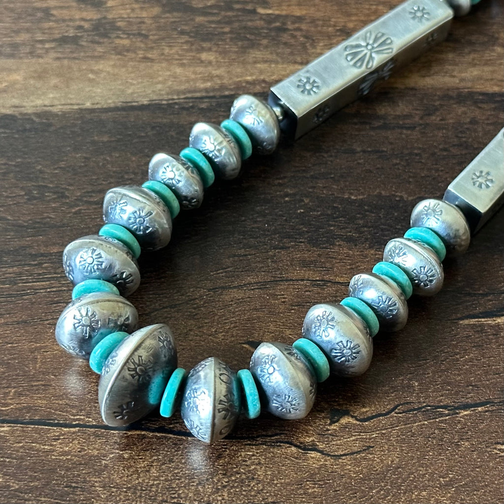 Navajo Tysha Aparicio Turquoise Sterling Handmade Rectangular Bead Stamped Necklace Earrings Set