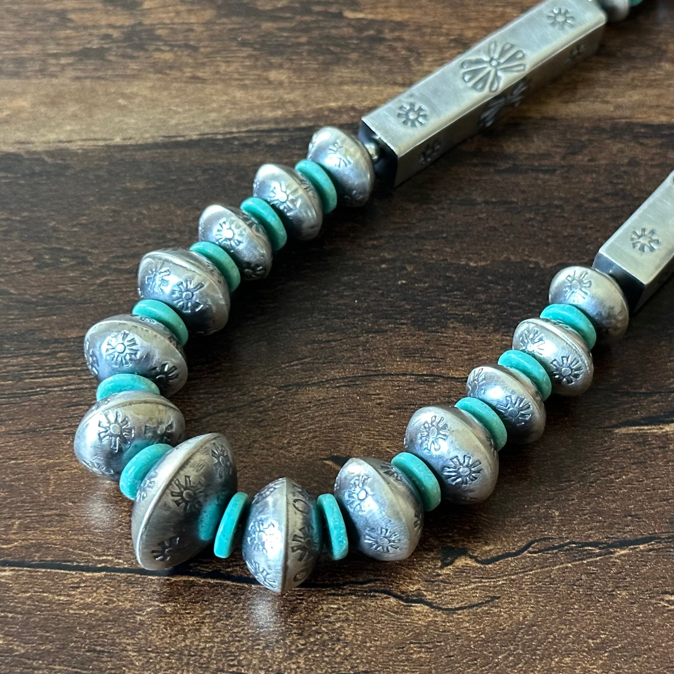 Navajo Tysha Aparicio Turquoise Sterling Handmade Rectangular Bead Stamped Necklace Earrings Set