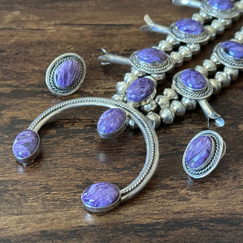 B Francisco Signed Charoite 12 Stone Sterling Squash Blossom Earrings Set