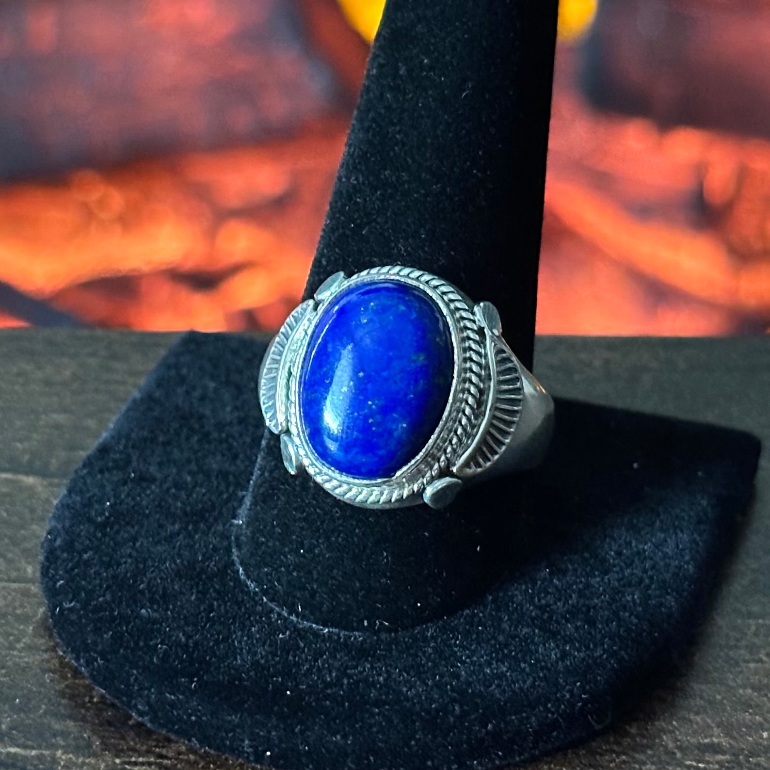 AT Signed Lapis Sterling Hand Stamped Twist Wire Bezel Ring