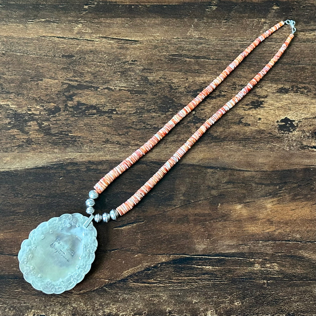 Navajo Tawney Willie Orange Spiny Oyster Sterling Hand Stamped Heishi Statement Necklace