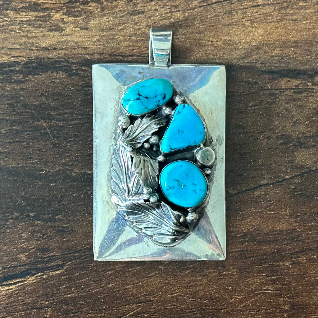 D Signed Turquoise 3 Stone Sterling Leaf Raindrop Rectangular Pendant