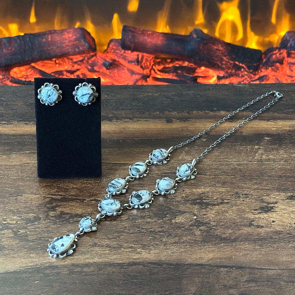 Navajo Robert Martinez White Buffalo 9 Stone Sterling Floral Lariat Necklace Earrings Set