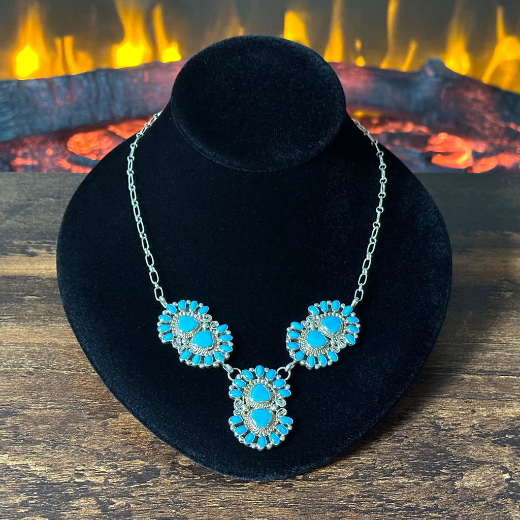 Running Bear Trading Turquoise 48 Stone Sterling Twist Wire Station Necklace