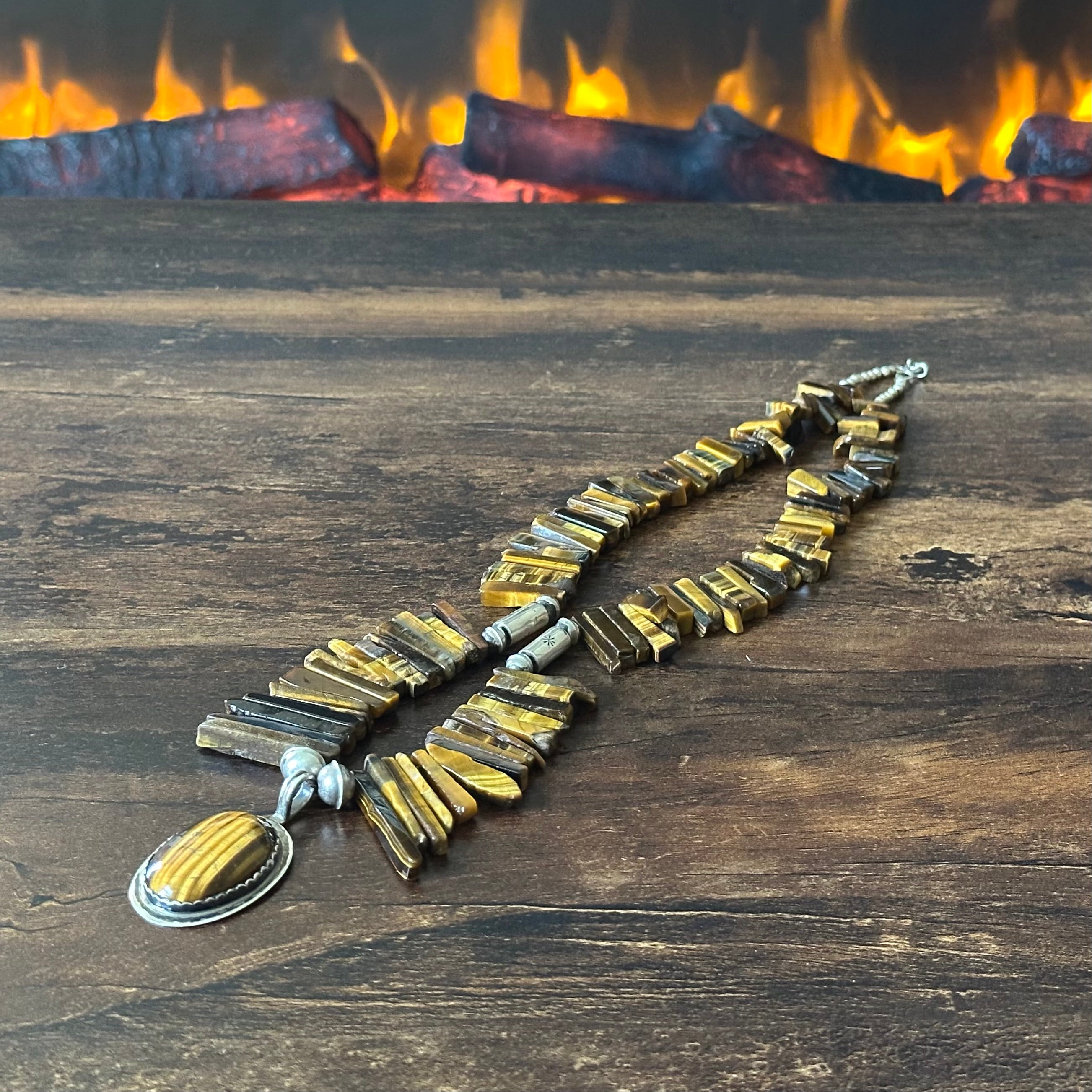 Kewa Ava & Marie Coriz Tigers Eye 107 Graduated Stone Sterling Cylinder Bead Hand Stamped Pendant Statement Necklace