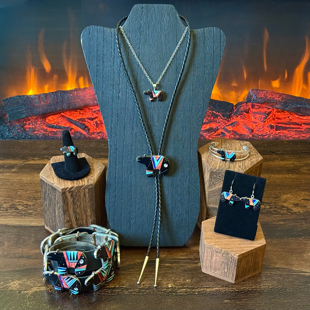 6pc Navajo Gilbert Smith Turquoise Onyx Spiny Oyster Lapis MOP Sterling Micro Inlay Bear Set