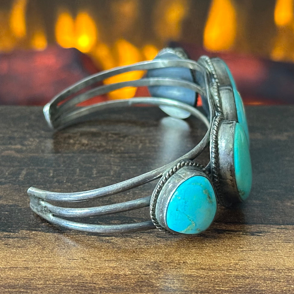 Vintage Turquoise 5 Stone Sterling Twist Wire Bezel Cuff