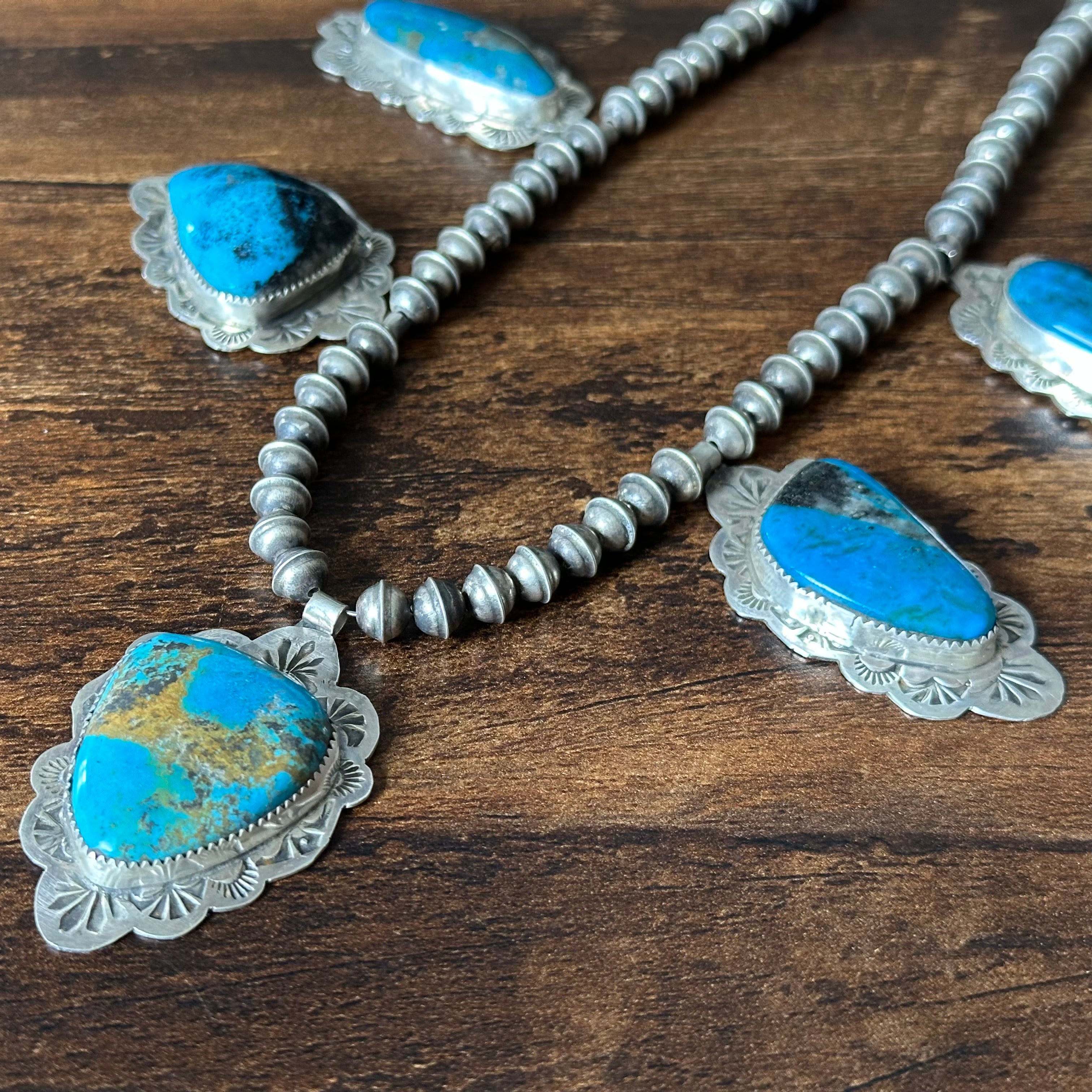 Pueblo Jacob Troncosa Turquoise 5 Stone Sterling Hand Stamped Pendant Station Necklace