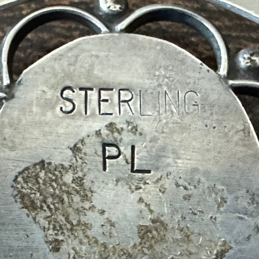 PL Signed Turquoise 3 Stone Sterling Shadowbox Hand Stamped Floral Cuff