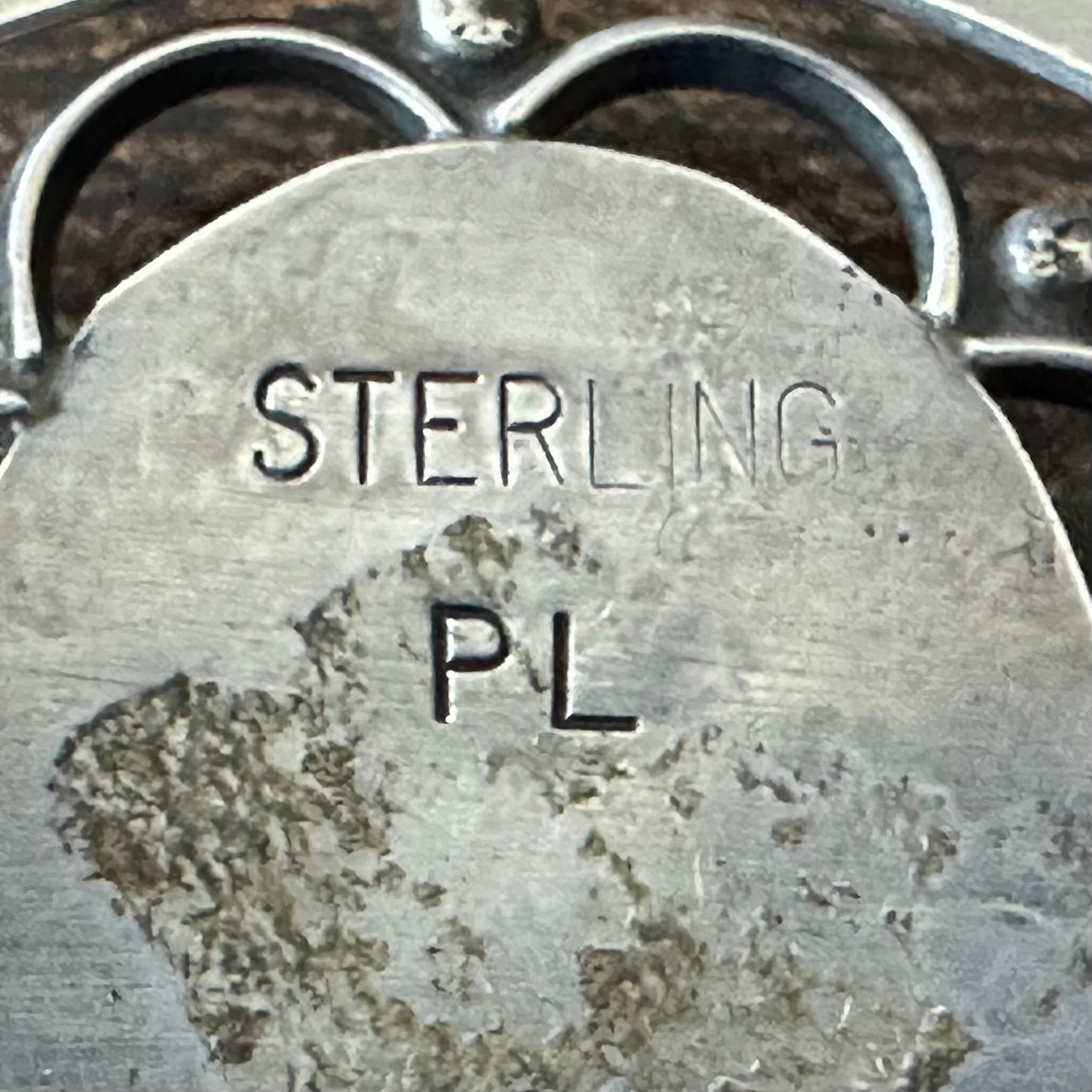 PL Signed Turquoise 3 Stone Sterling Shadowbox Hand Stamped Floral Cuff